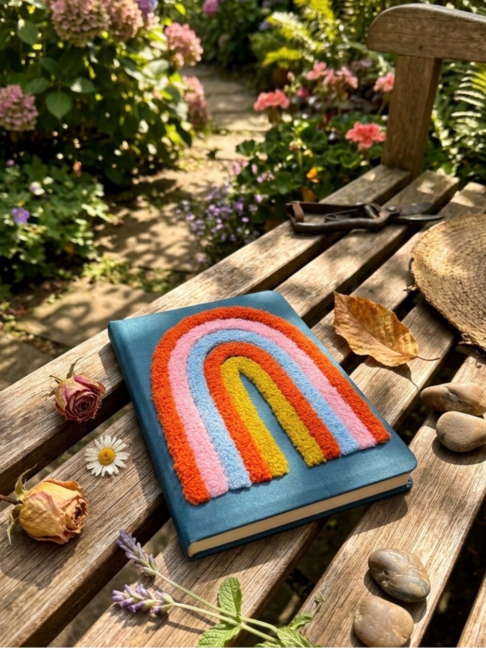 🌈 Blue Notebook with Colorful Whimsical Tufted Rainbow 🌈 Patch on Cover